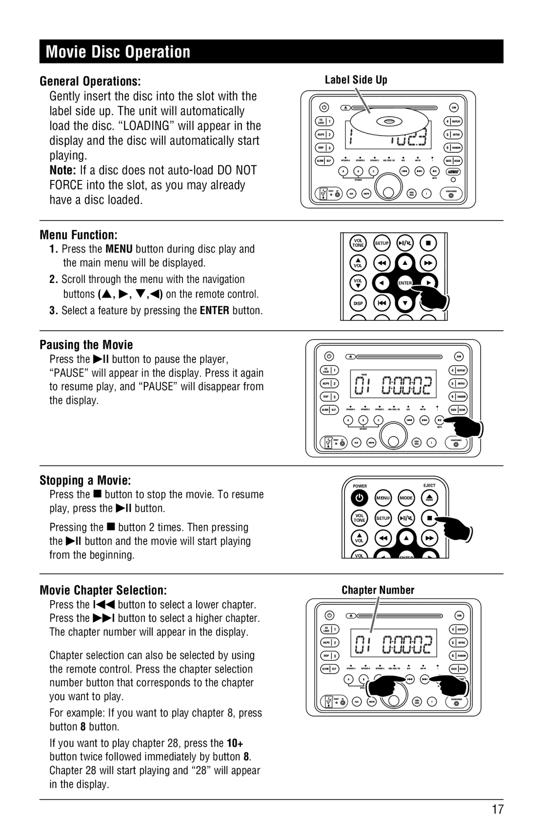 Linear RV5080 Movie Disc Operation, Menu Function, Pausing the Movie, Stopping a Movie, Movie Chapter Selection 