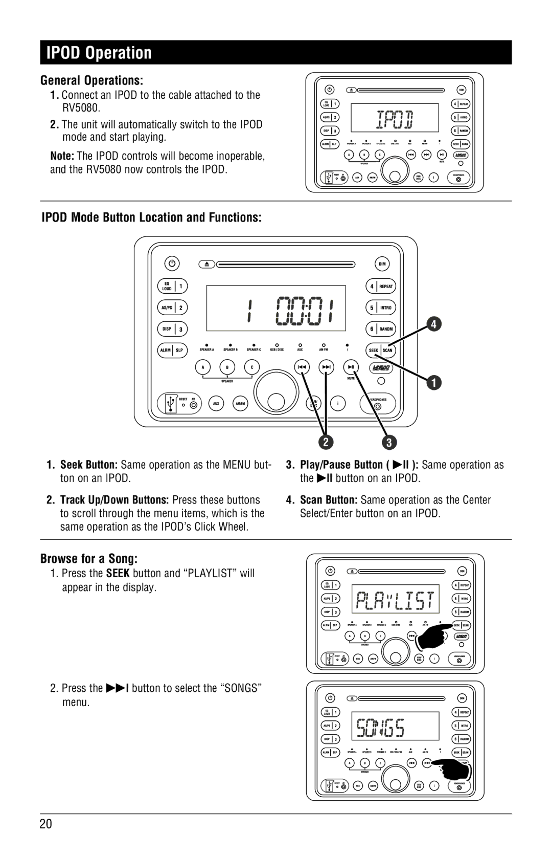 Linear RV5080 installation manual Ipod Operation, Ipod Mode Button Location and Functions, Browse for a Song 