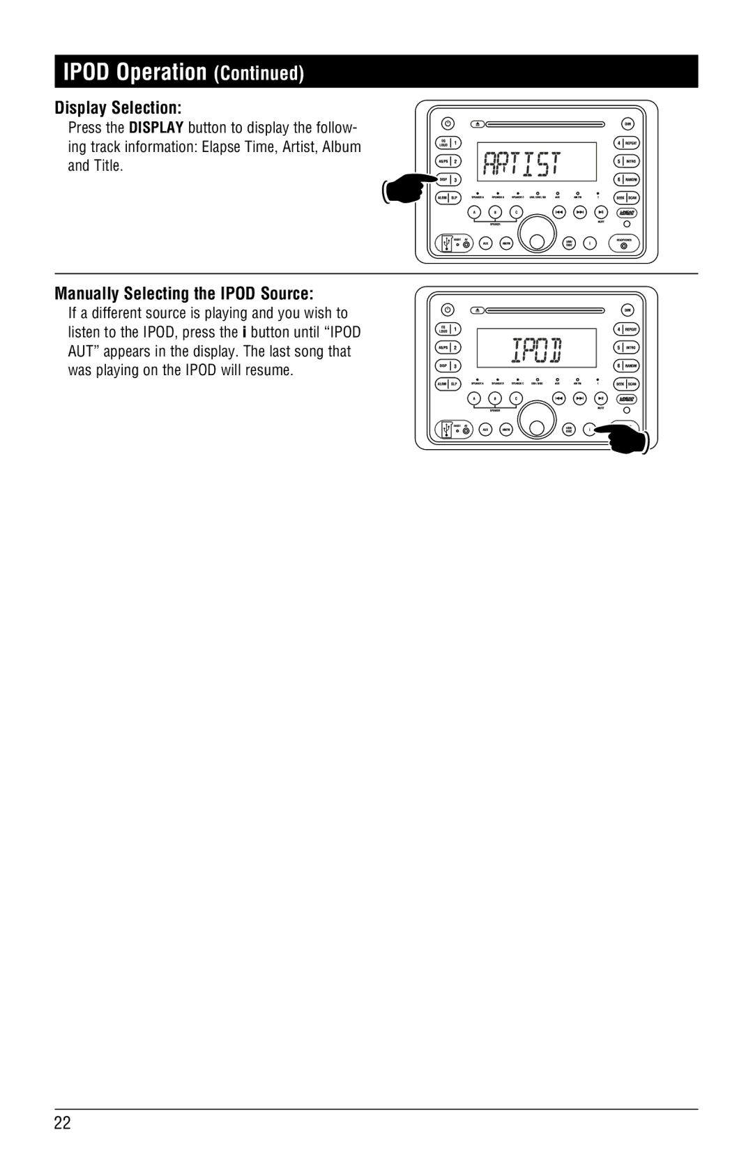 Linear RV5080 installation manual Display Selection, Manually Selecting the Ipod Source 