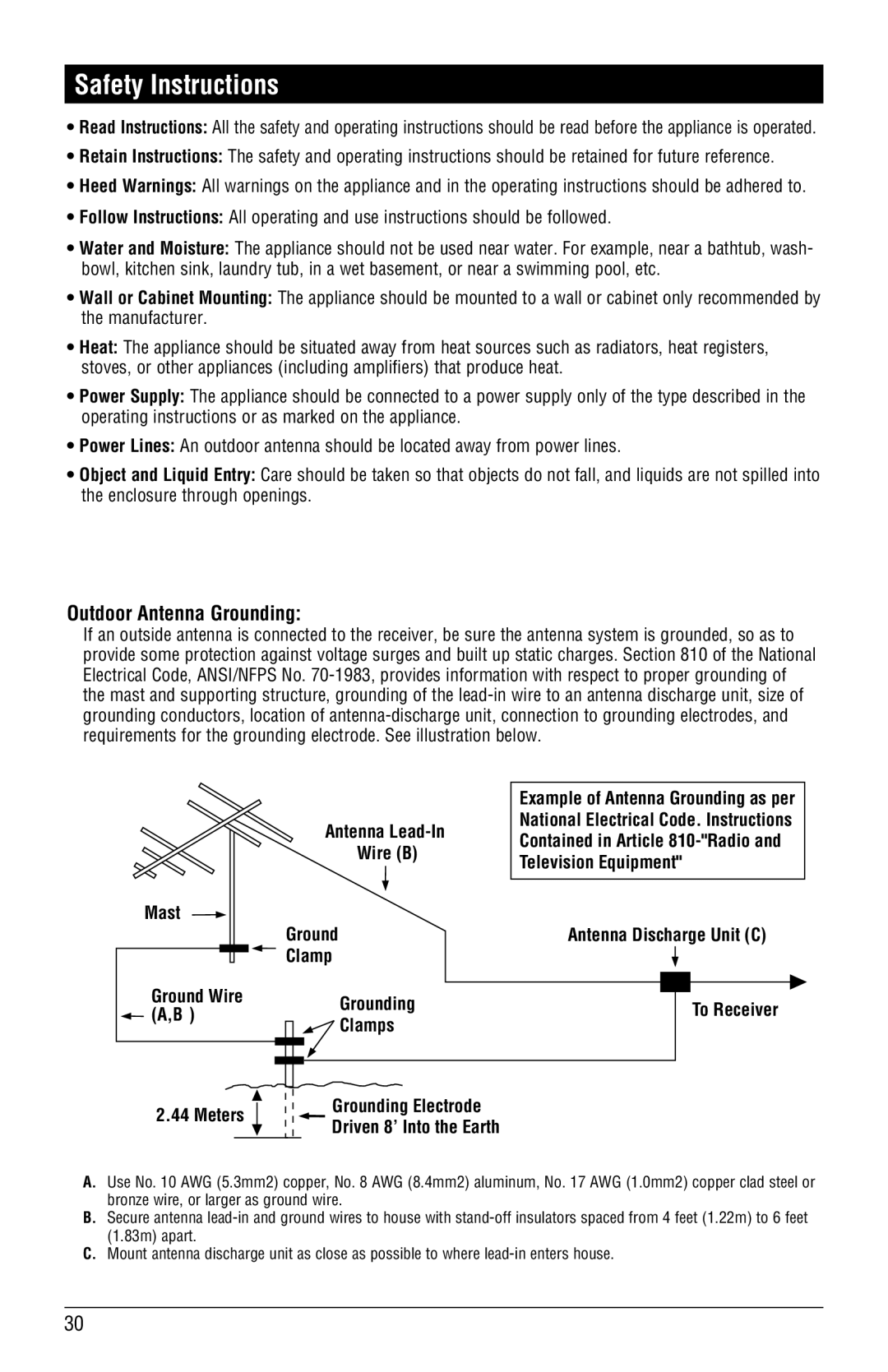 Linear RV5080 installation manual Safety Instructions, Outdoor Antenna Grounding 