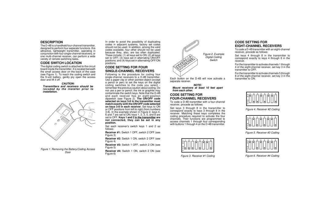 Linear Satellite Radio manual Description, Code Switch Location, Code Setting For Four Single-Channelreceivers 