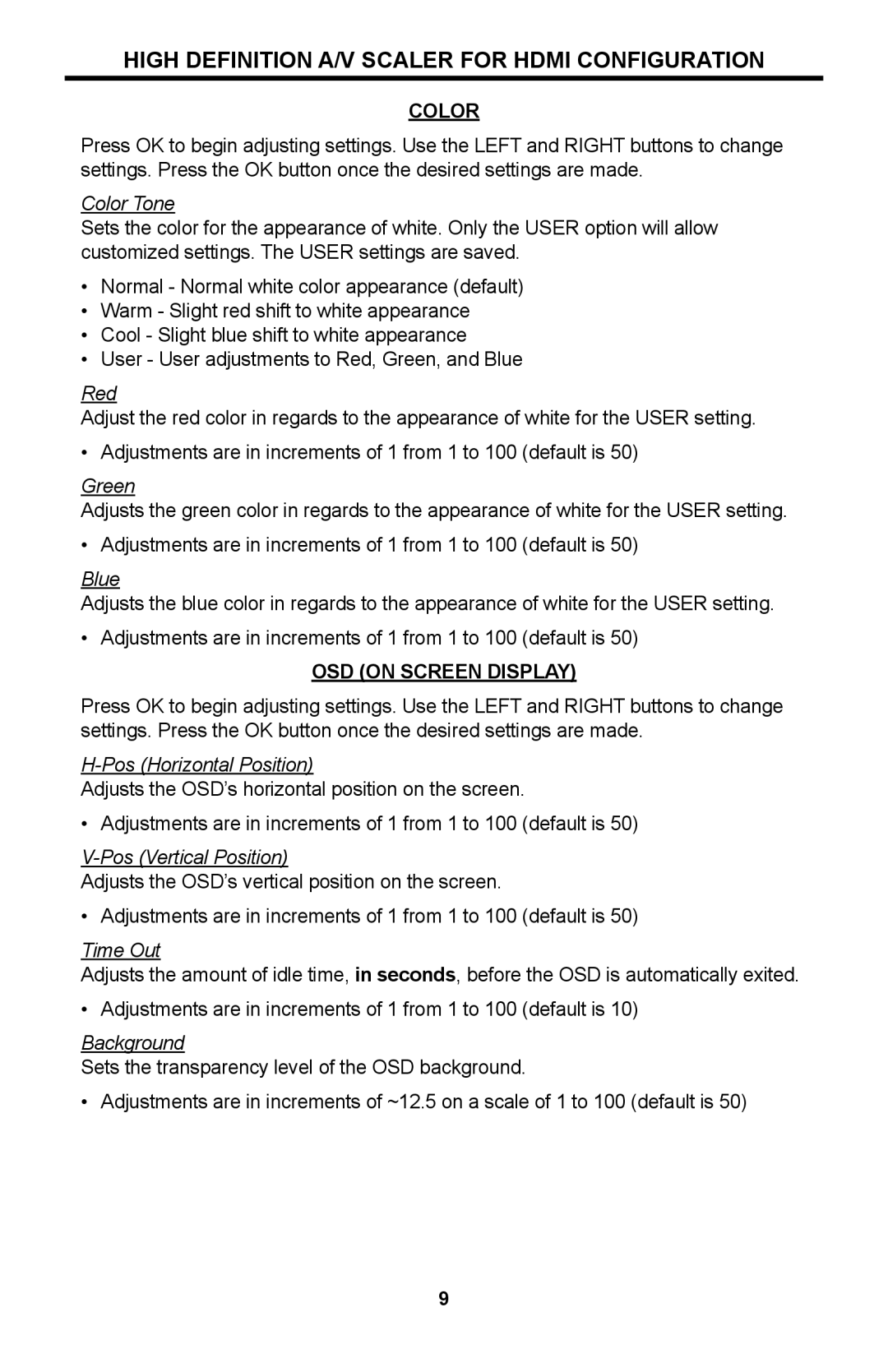 Linear SCALER-2-1080P user manual OSD on Screen Display 