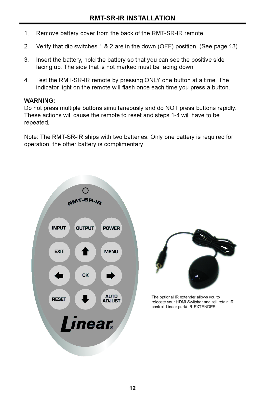 Linear SCALER-2-1080P user manual RMT-SR-IR Installation 