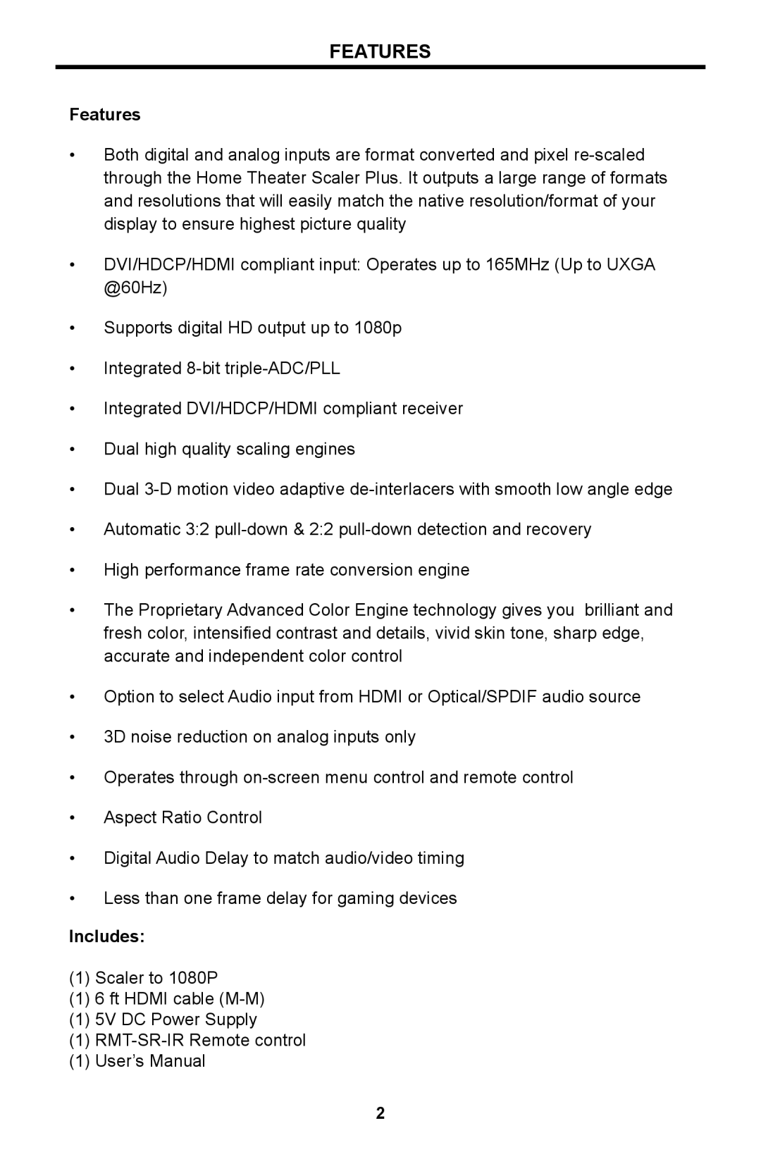 Linear SCALER-2-1080P user manual Features, Includes 