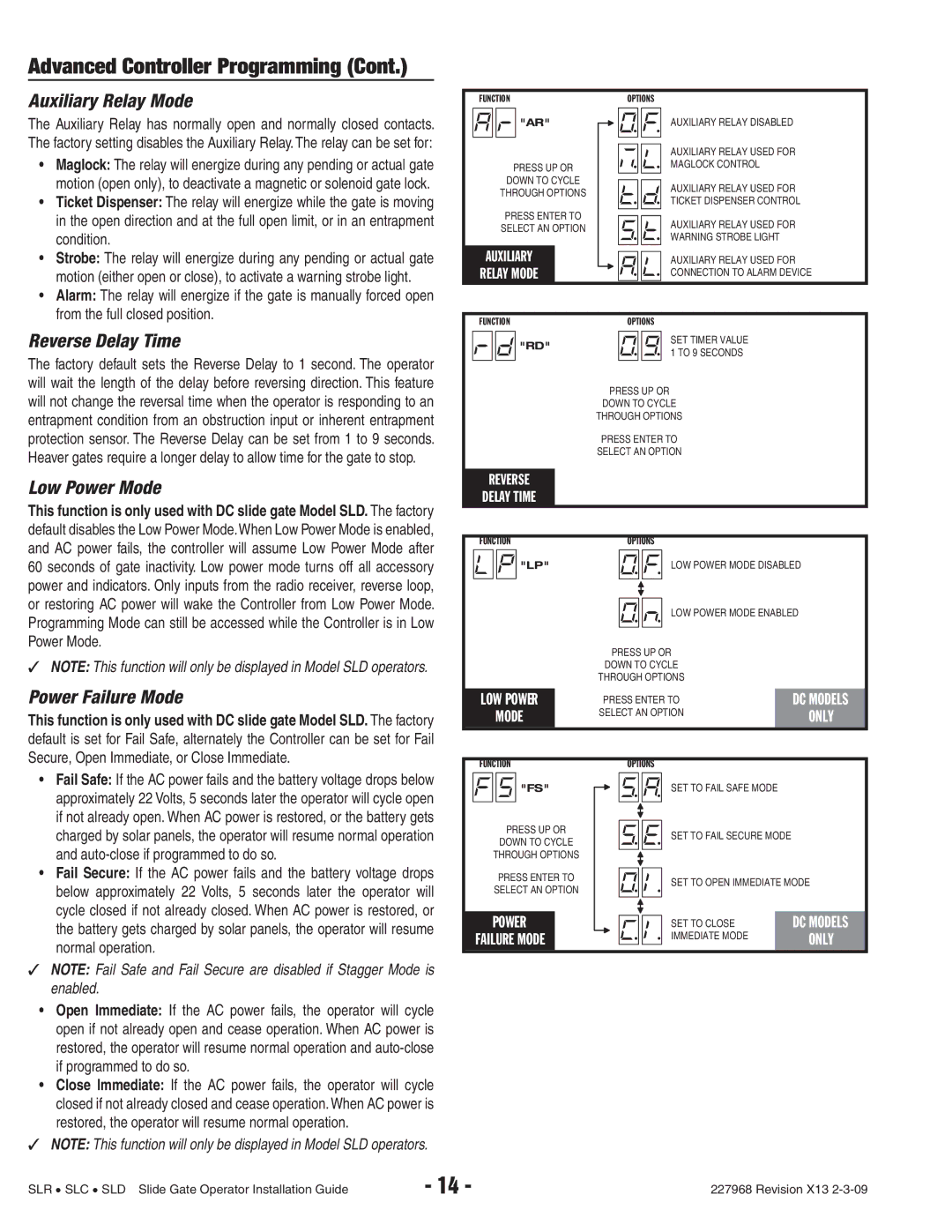 Linear SLR, SLD, SLC manual Auxiliary Relay Mode, Reverse Delay Time, Low Power Mode, Power Failure Mode 