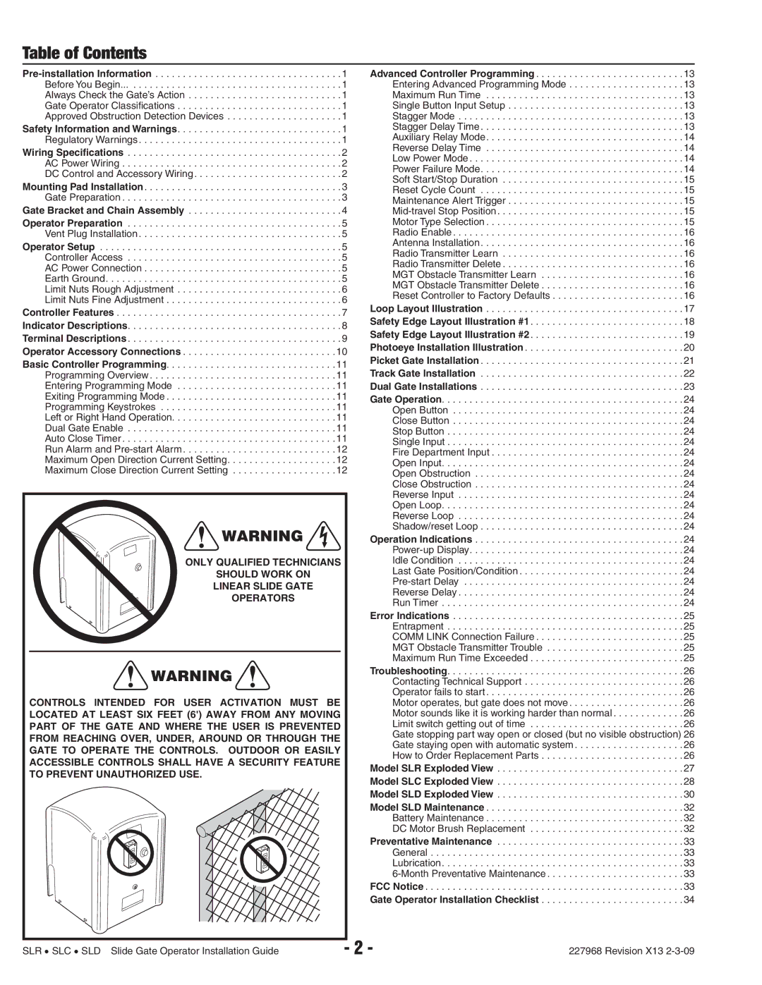 Linear SLC, SLD, SLR manual Table of Contents 