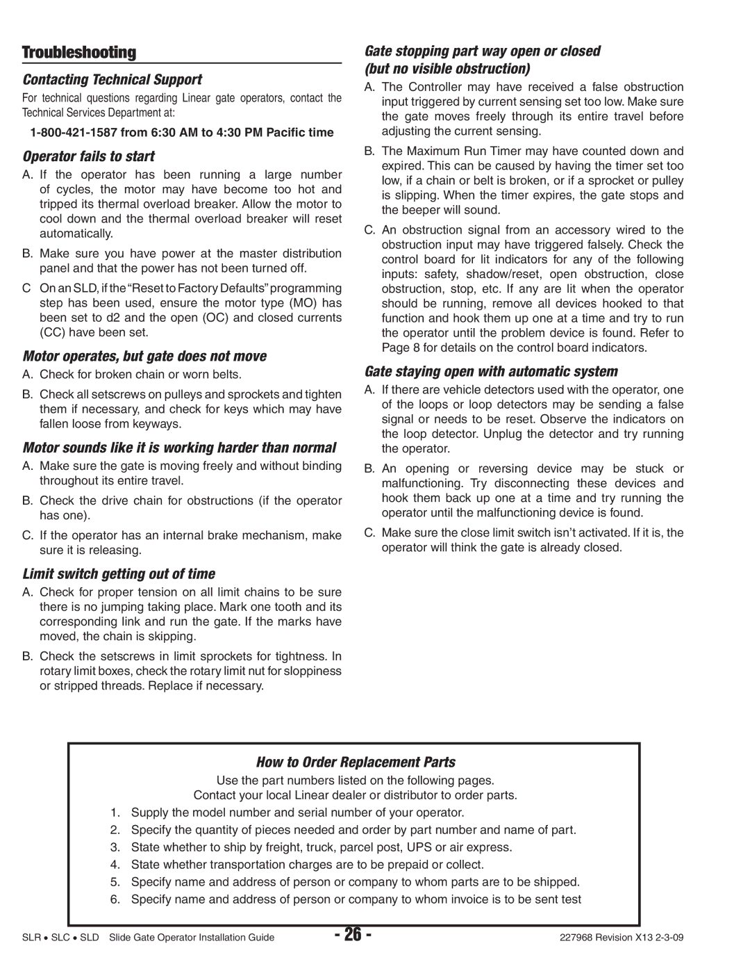 Linear SLR, SLD, SLC manual Troubleshooting 