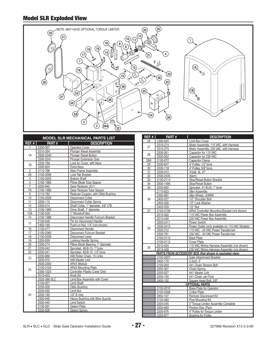 Linear SLC, SLD manual Model SLR Exploded View, Optional Parts 