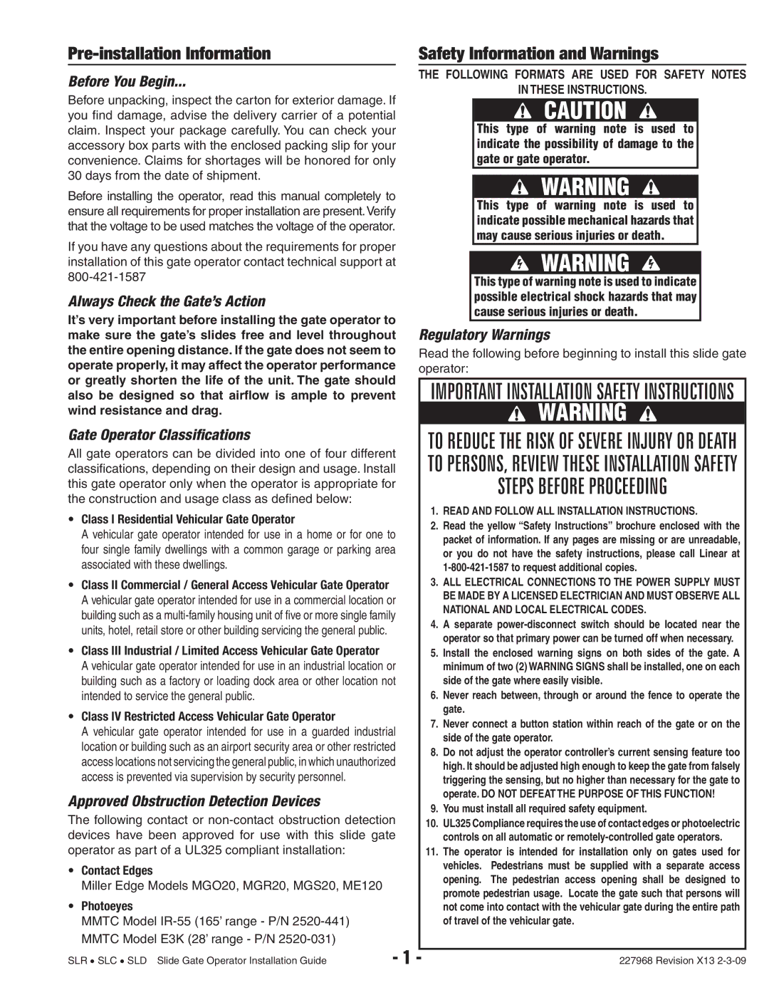 Linear SLD, SLR, SLC Before You Begin, Always Check the Gate’s Action, Regulatory Warnings, Gate Operator Classifications 