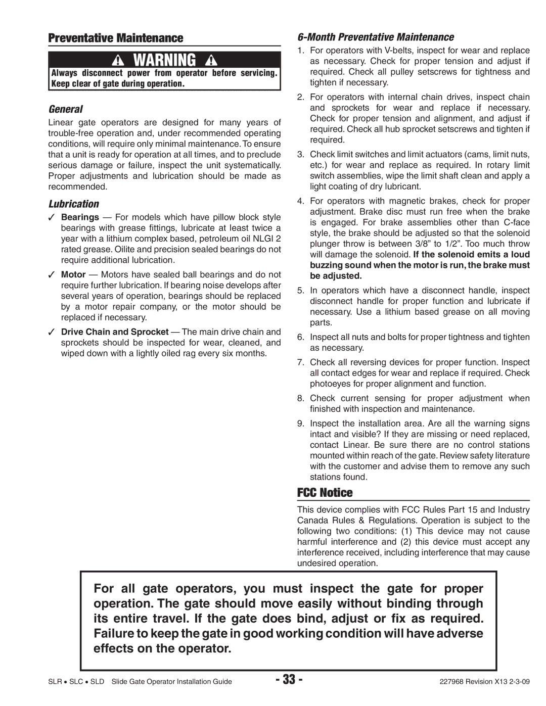 Linear SLC, SLD, SLR manual FCC Notice, General, Lubrication, Month Preventative Maintenance 