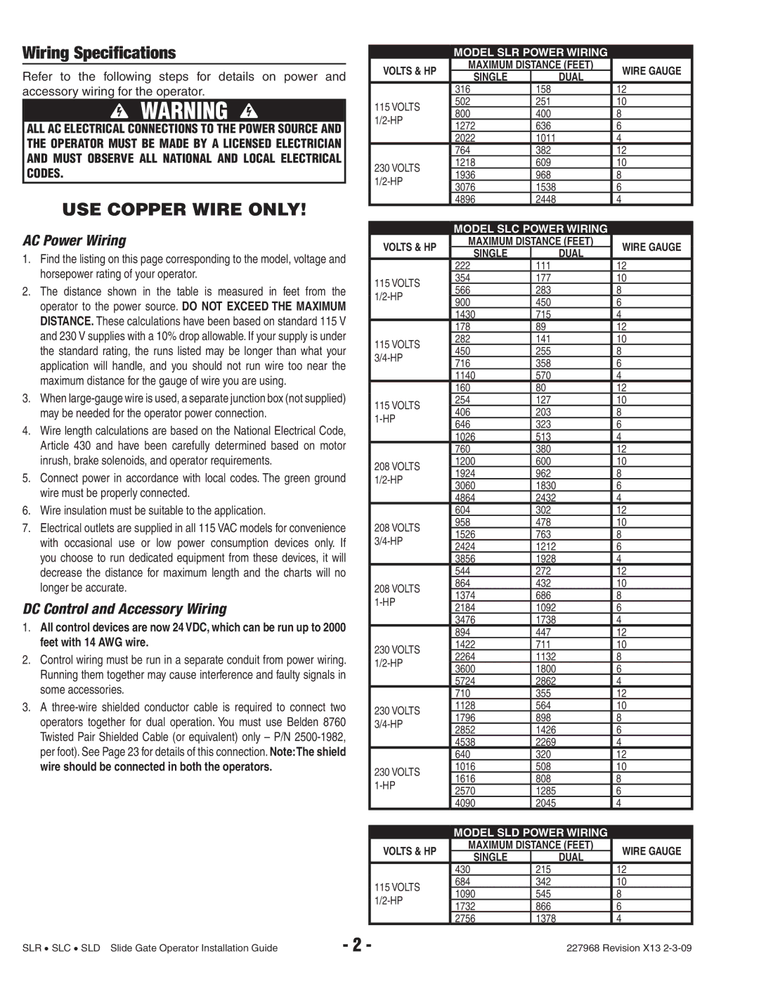 Linear SLR, SLD, SLC manual Wiring Specifications, AC Power Wiring, DC Control and Accessory Wiring 