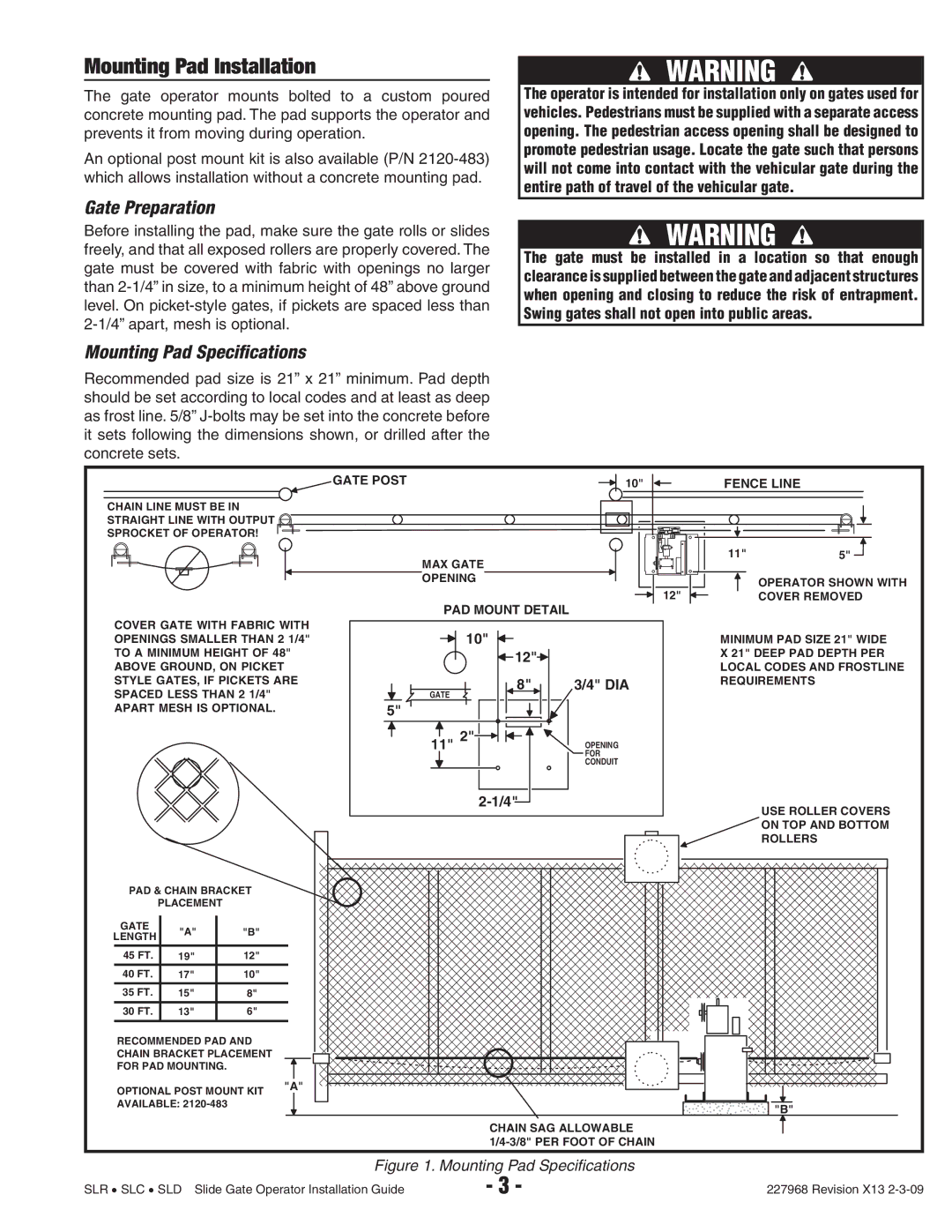 Linear SLC, SLD, SLR manual Mounting Pad Installation, Gate Preparation, Mounting Pad Specifications, Gate Post 