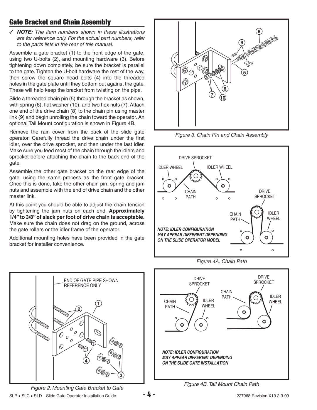 Linear SLD, SLR, SLC manual Gate Bracket and Chain Assembly, END of Gate Pipe Shown Reference only 