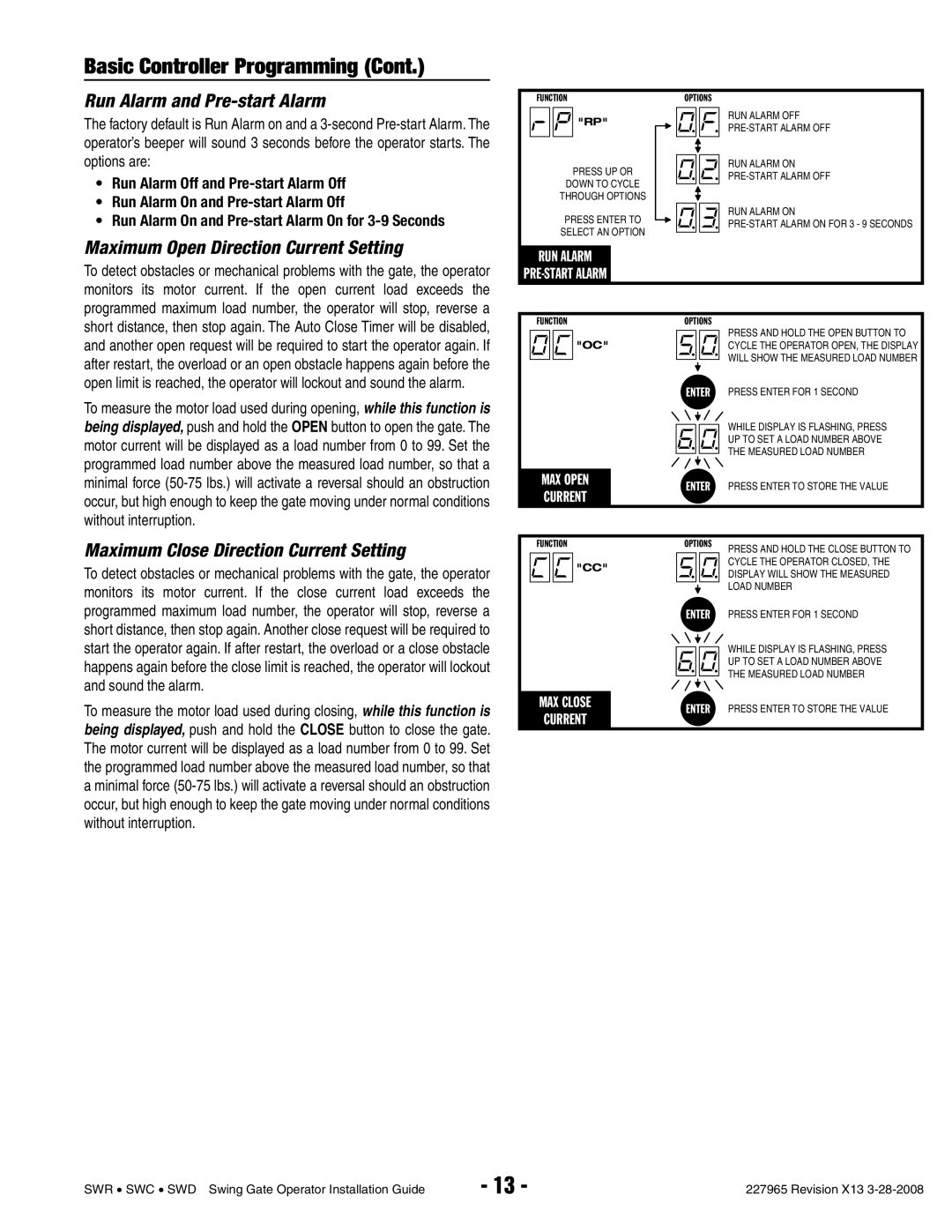 Linear SWR Run Alarm and Pre-start Alarm, Maximum Open Direction Current Setting, Maximum Close Direction Current Setting 