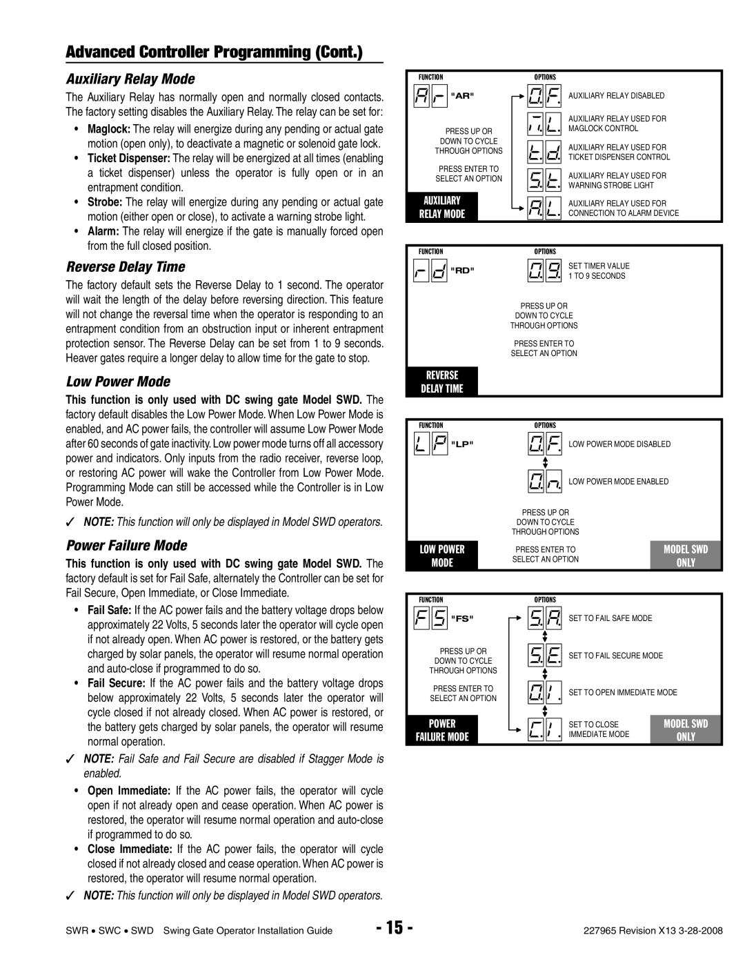 Linear SWC, SWR, SWD manual Auxiliary Relay Mode, Reverse Delay Time, Low Power Mode, Power Failure Mode 