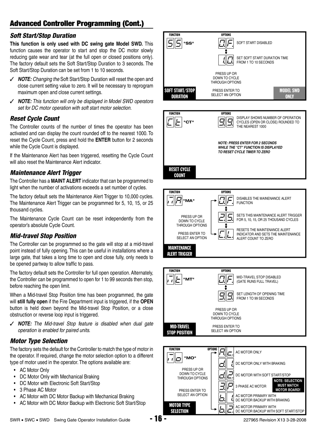 Linear SWR, SWD, SWC manual Soft Start/Stop Duration, Reset Cycle Count, Maintenance Alert Trigger, Mid-travel Stop Position 