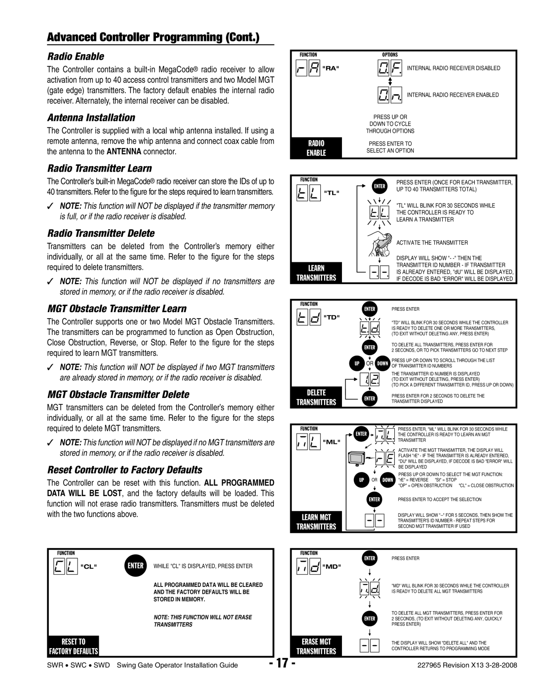 Linear SWD, SWR, SWC manual Radio Enable, Antenna Installation, Radio Transmitter Learn, Radio Transmitter Delete 