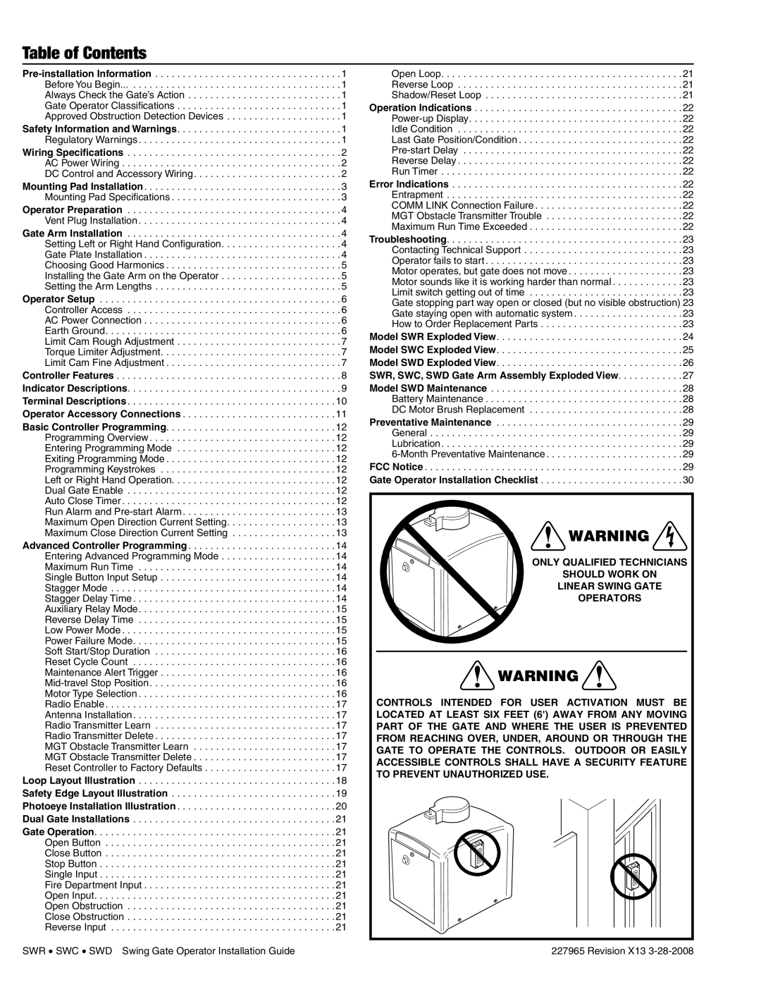 Linear SWC, SWR, SWD manual Table of Contents 