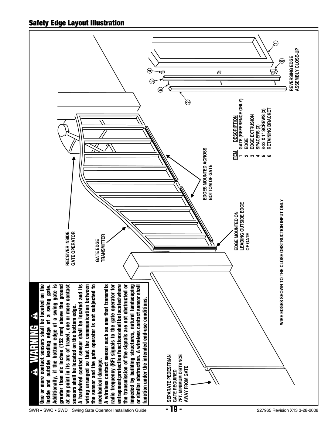 Linear SWR, SWD, SWC manual Safety Edge Layout Illustration, Retaining Bracket 