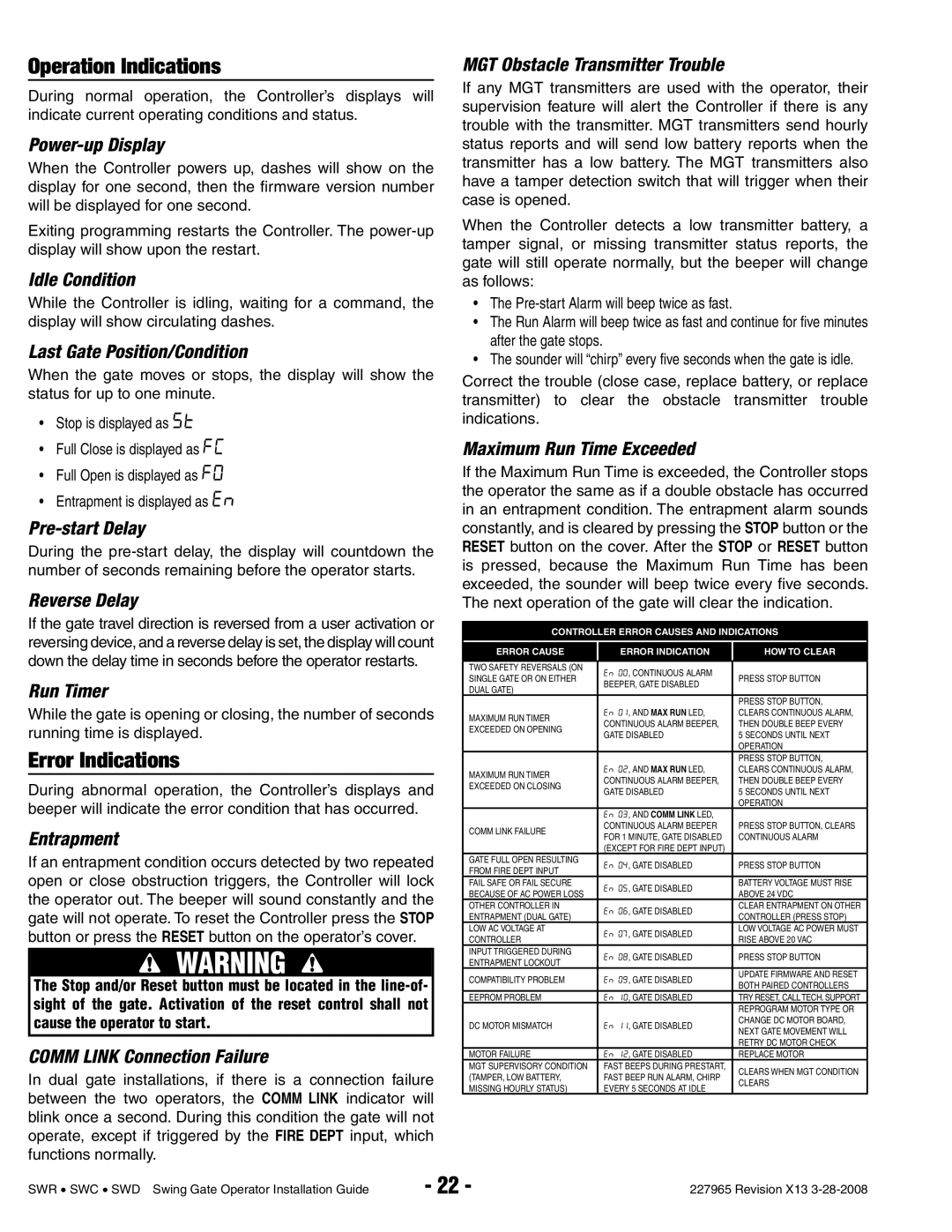 Linear SWR, SWD, SWC manual Operation Indications, Error Indications 