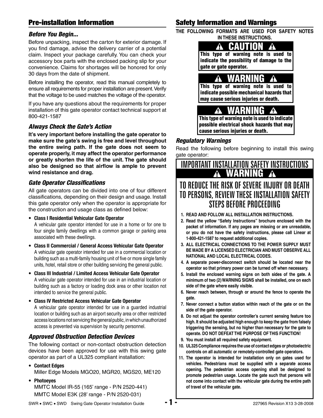 Linear SWR, SWD, SWC Before You Begin, Always Check the Gate’s Action, Regulatory Warnings, Gate Operator Classiﬁcations 