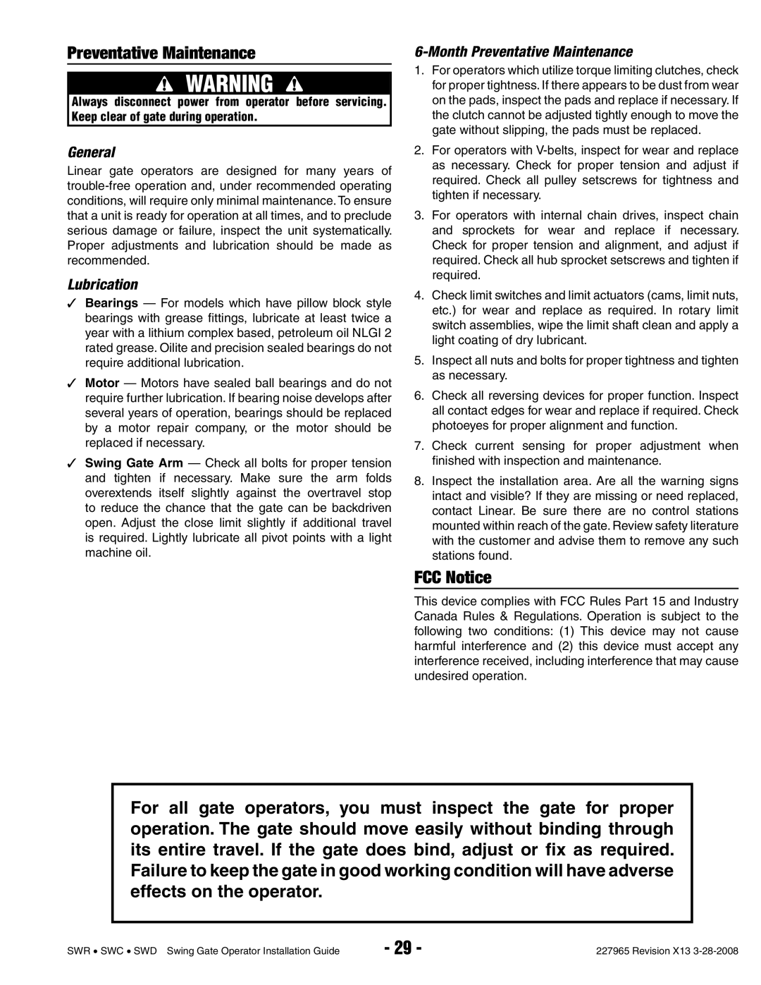 Linear SWD, SWR, SWC manual FCC Notice, General, Lubrication, Month Preventative Maintenance 