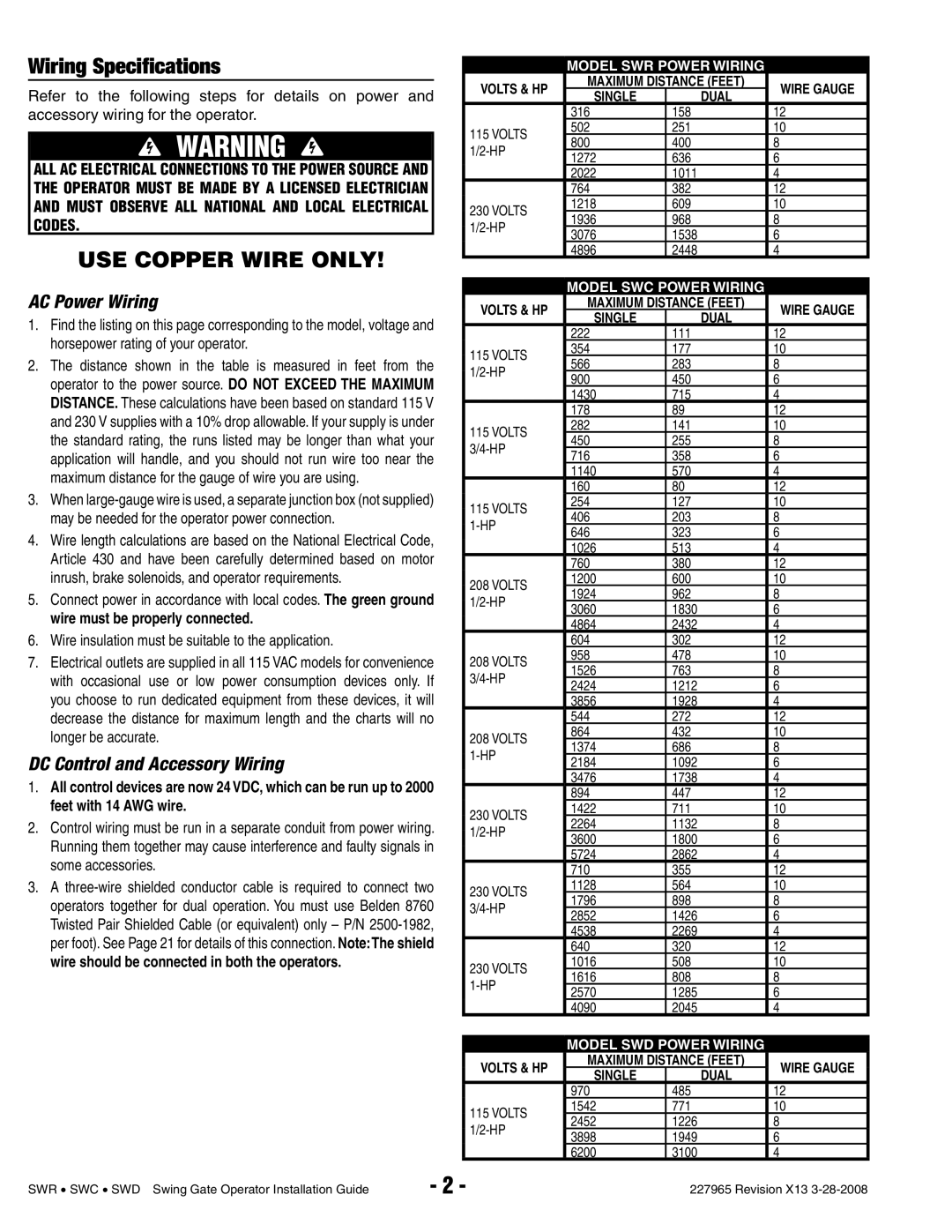 Linear SWD, SWR, SWC manual Wiring Speciﬁcations, AC Power Wiring, DC Control and Accessory Wiring 