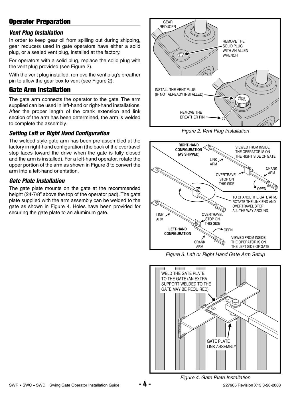 Linear SWR Operator Preparation, Gate Arm Installation, Vent Plug Installation, Setting Left or Right Hand Conﬁguration 