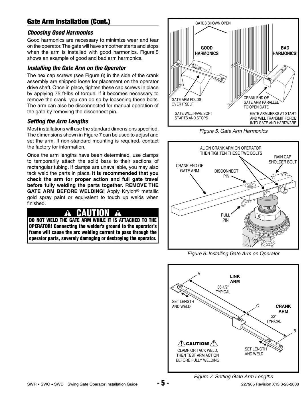 Linear SWD Choosing Good Harmonics, Installing the Gate Arm on the Operator, Setting the Arm Lengths, Good BAD Harmonics 