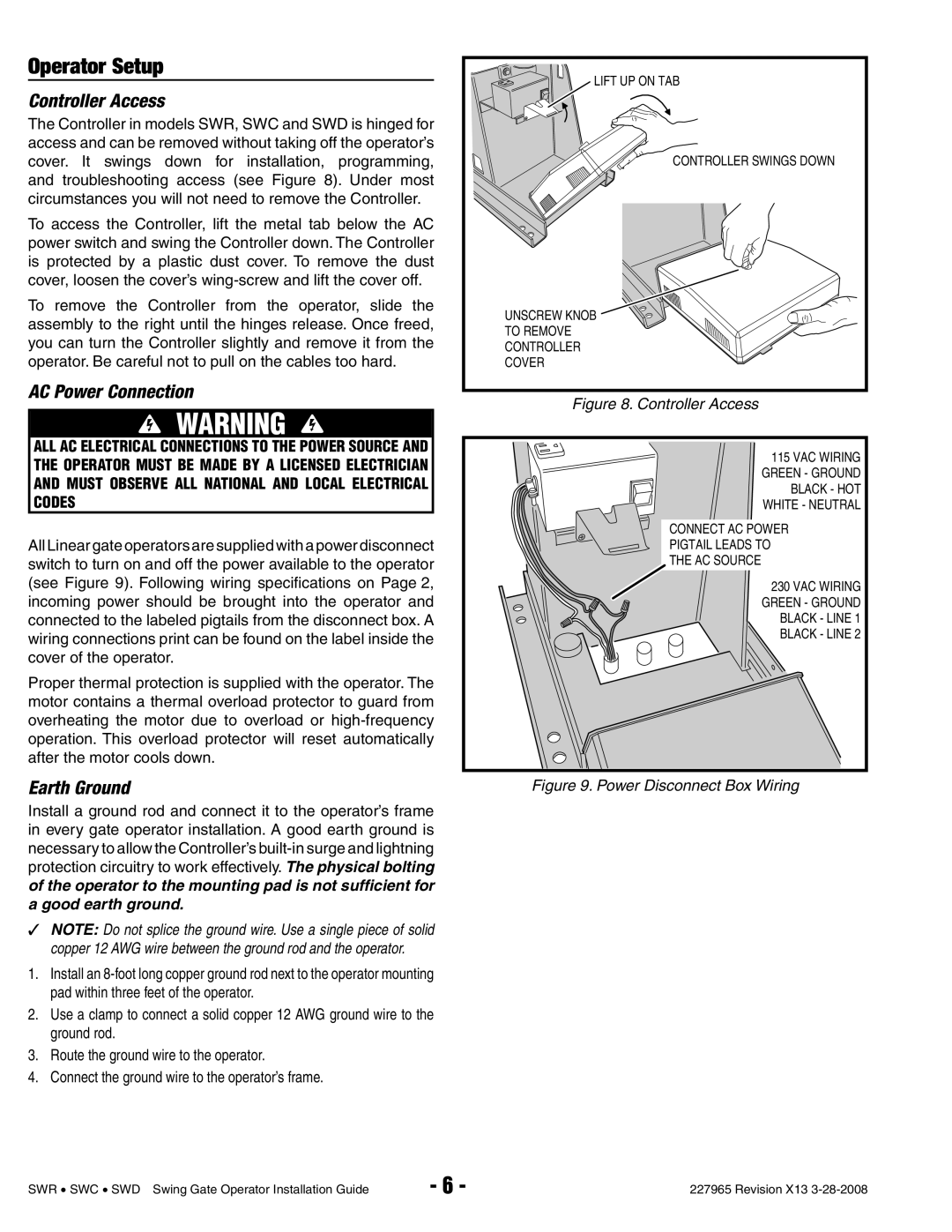 Linear SWC, SWR, SWD manual Operator Setup, Controller Access, AC Power Connection, Earth Ground 