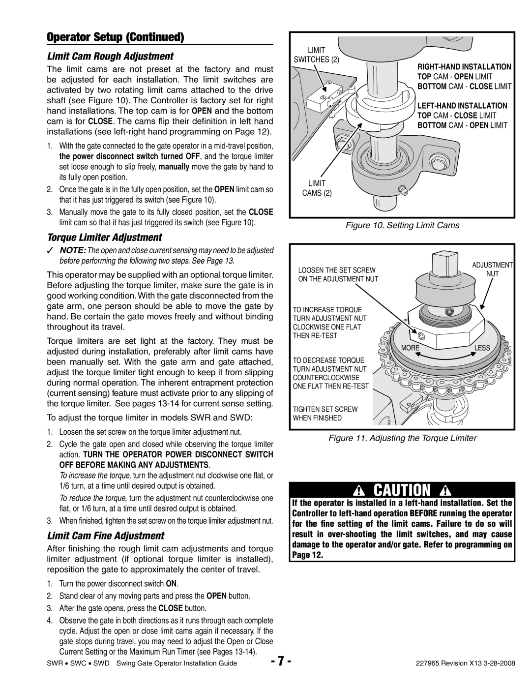 Linear SWR, SWD, SWC manual Limit Cam Rough Adjustment, Torque Limiter Adjustment, Limit Cam Fine Adjustment, Cams 