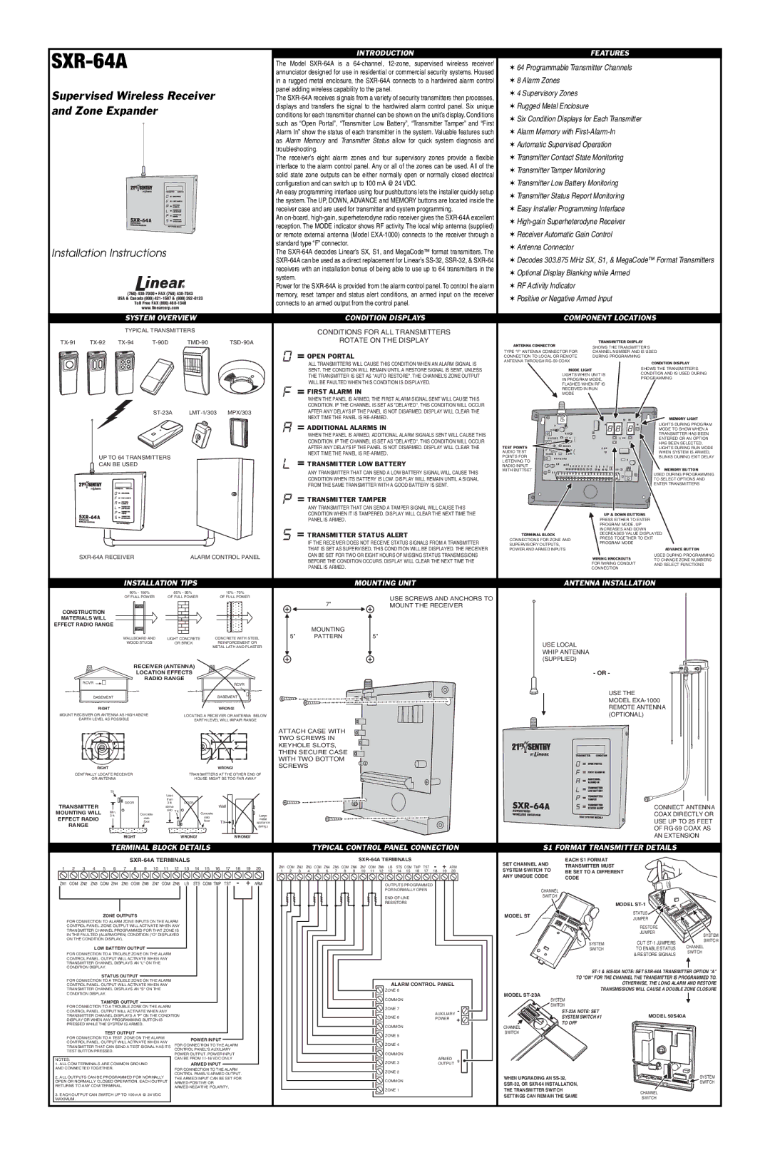 Linear SXR-64A installation instructions Introduction Features, System Overview Condition Displays 