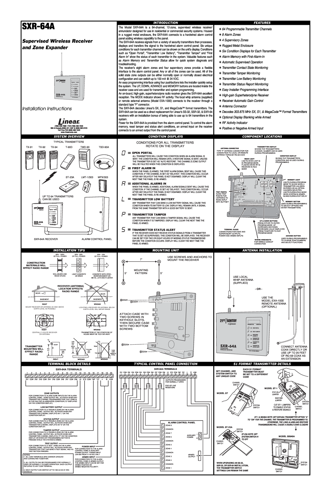 Linear SXR-64A installation instructions Supervised Wireless Receiver, and Zone Expander, Installation Instructions 