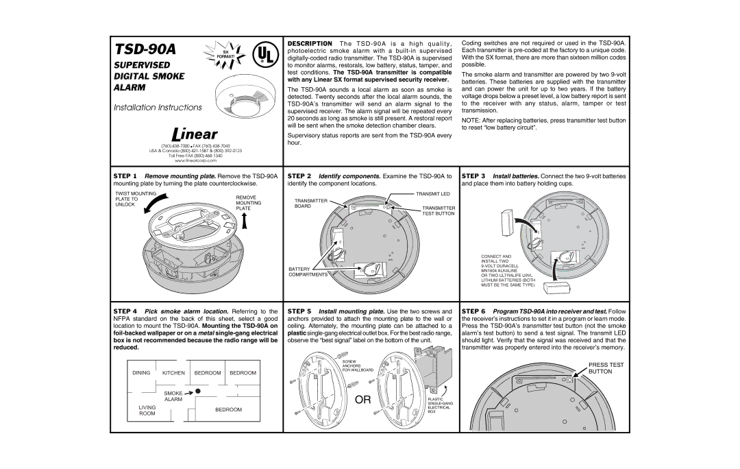 Linear TSD-90A installation instructions Supervised, Digital Smoke, Alarm 