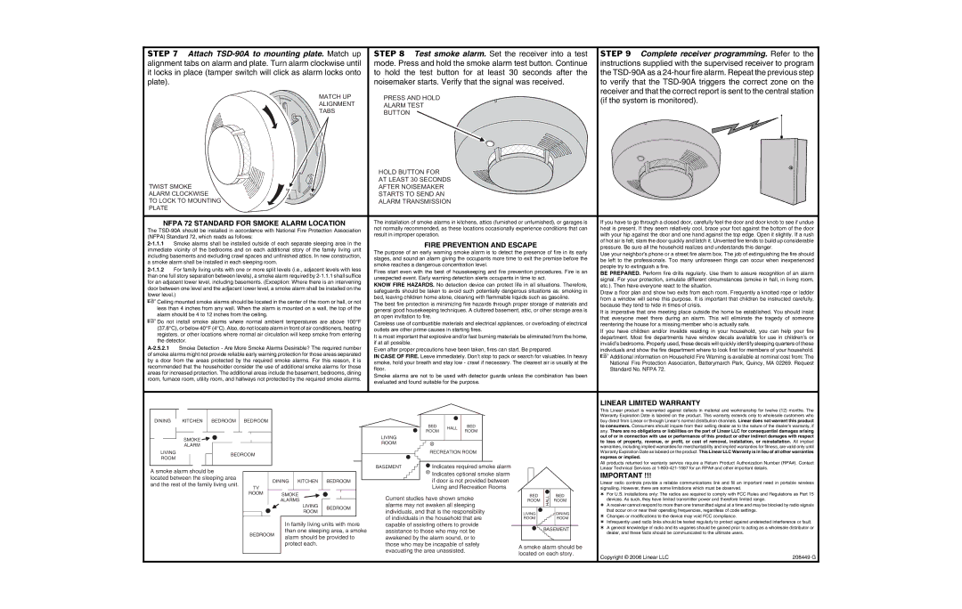 Linear Attach TSD-90A to mounting plate. Match up, Nfpa 72 Standard for Smoke Alarm Location, Linear Limited Warranty 