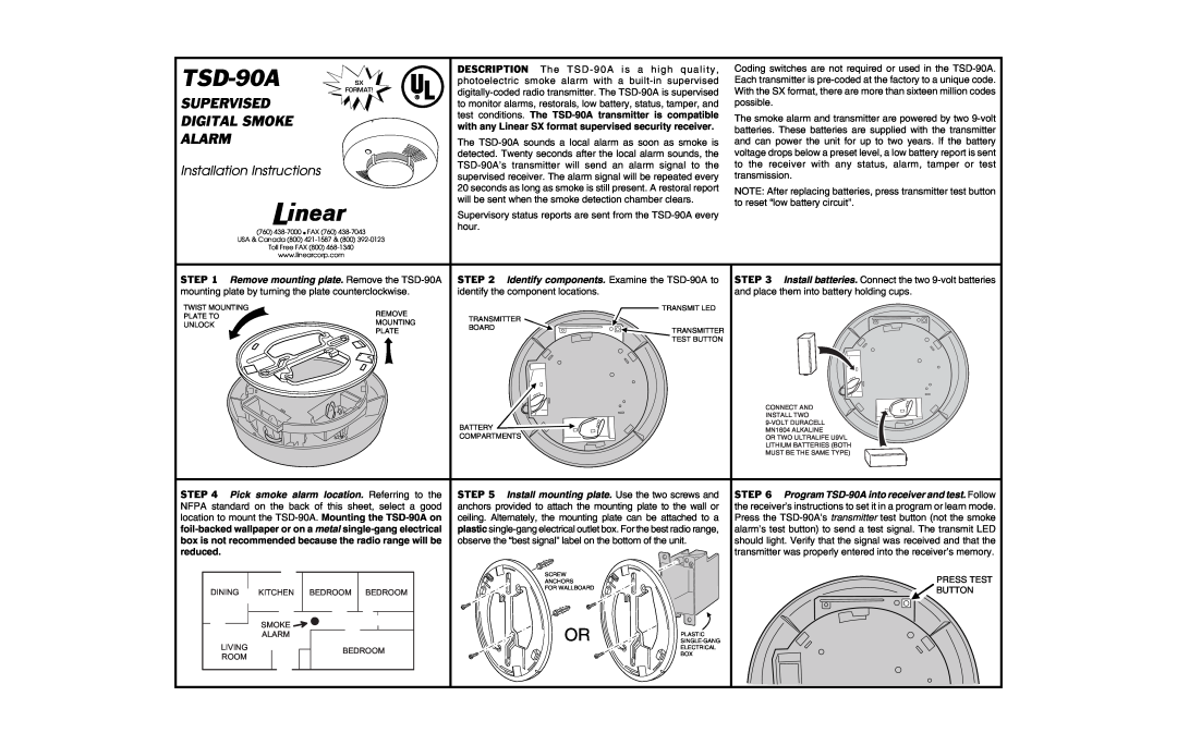 Linear TSD-90A installation instructions Supervised, Digital Smoke, Alarm, Installation Instructions 