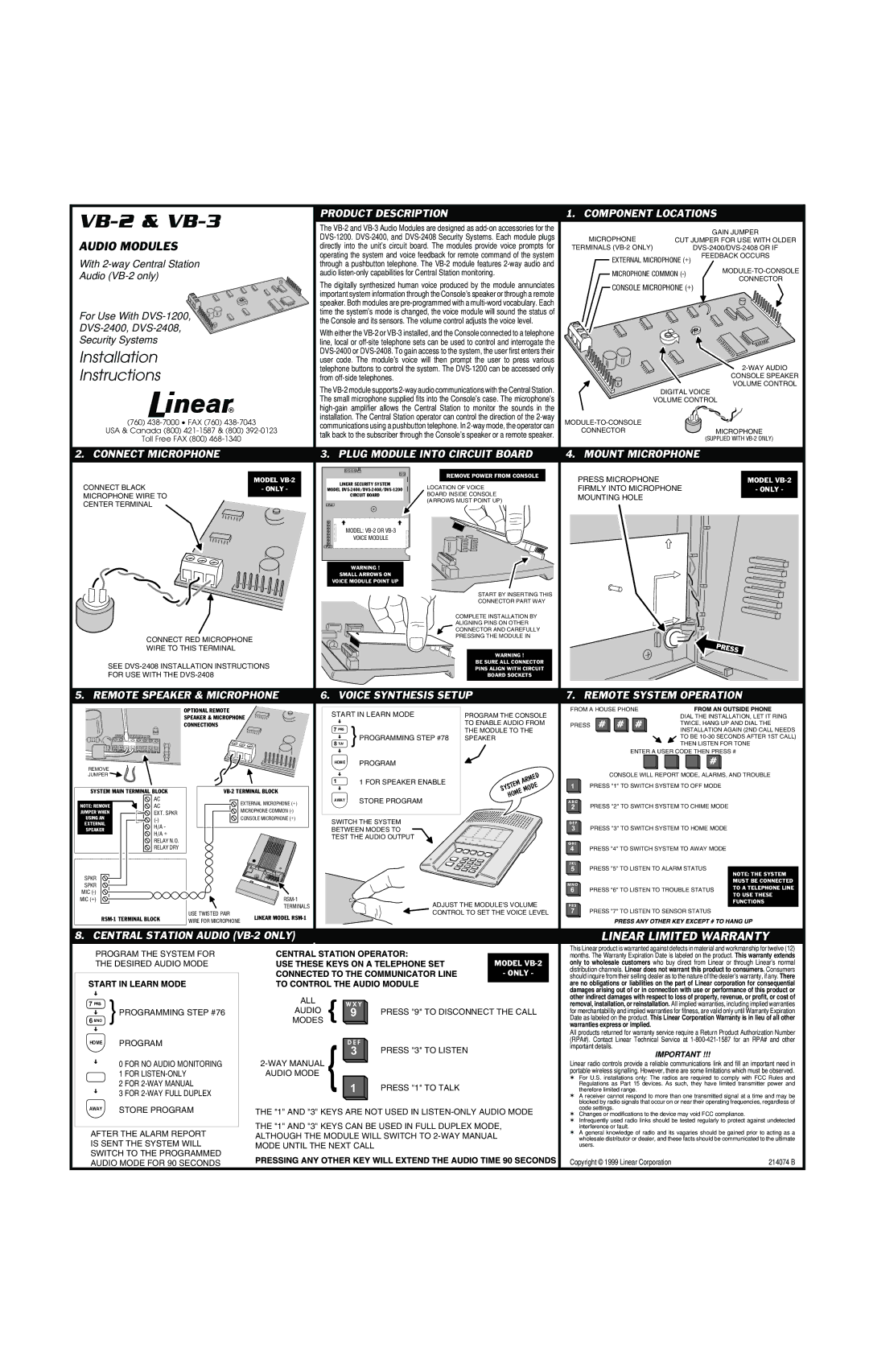 Linear VB-2 installation instructions Connect Microphone Product Description, Mount Microphone, Voice Synthesis Setup 