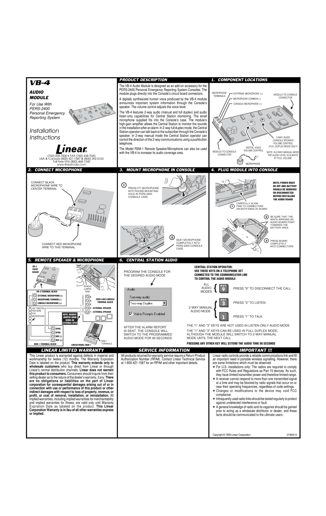 Linear VB-4 installation instructions Installation Instructions, Audio Module, Linear Limited Warranty, Connect Microphone 