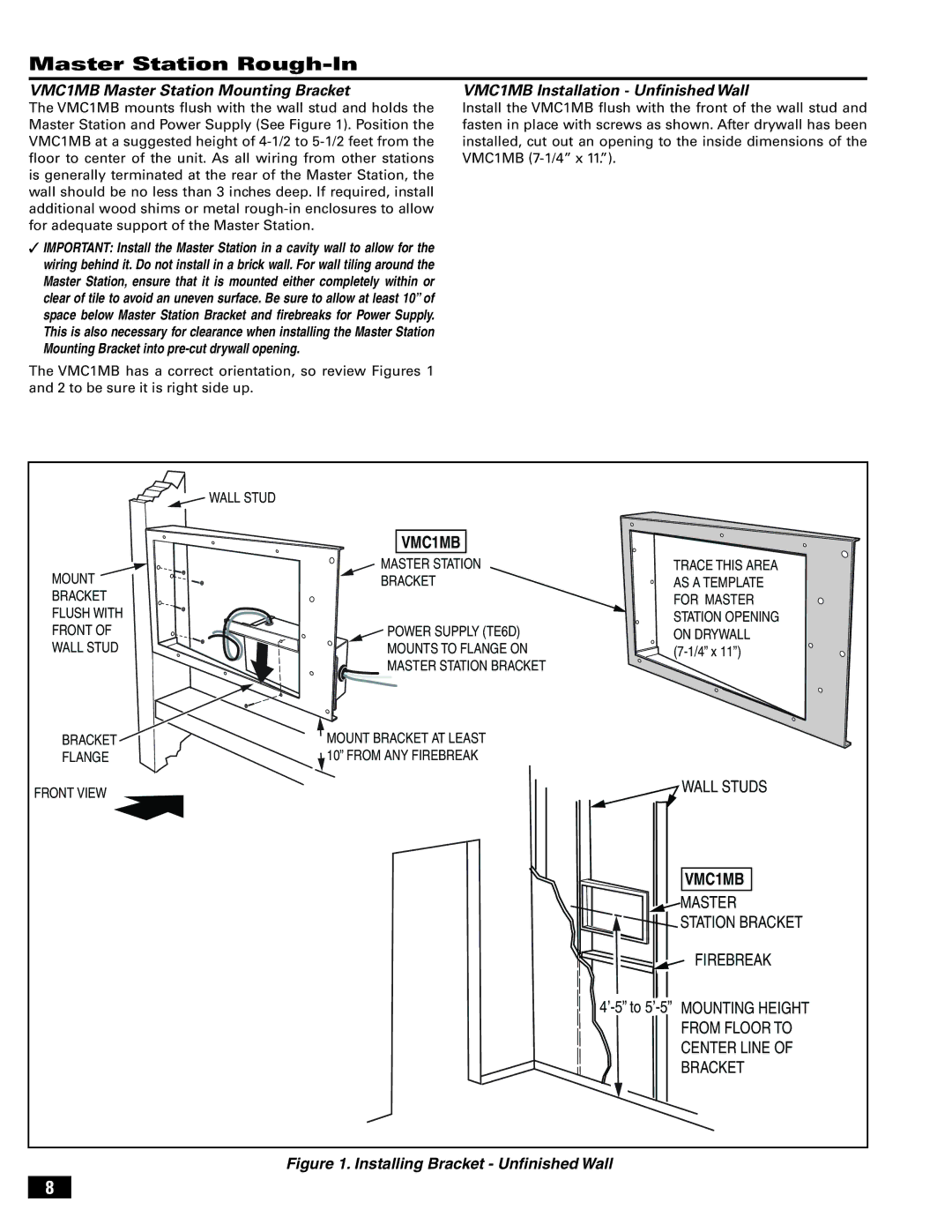 Linear VMC-1 manual Master Station Rough-In, VMC1MB Master Station Mounting Bracket, VMC1MB Installation Unﬁnished Wall 