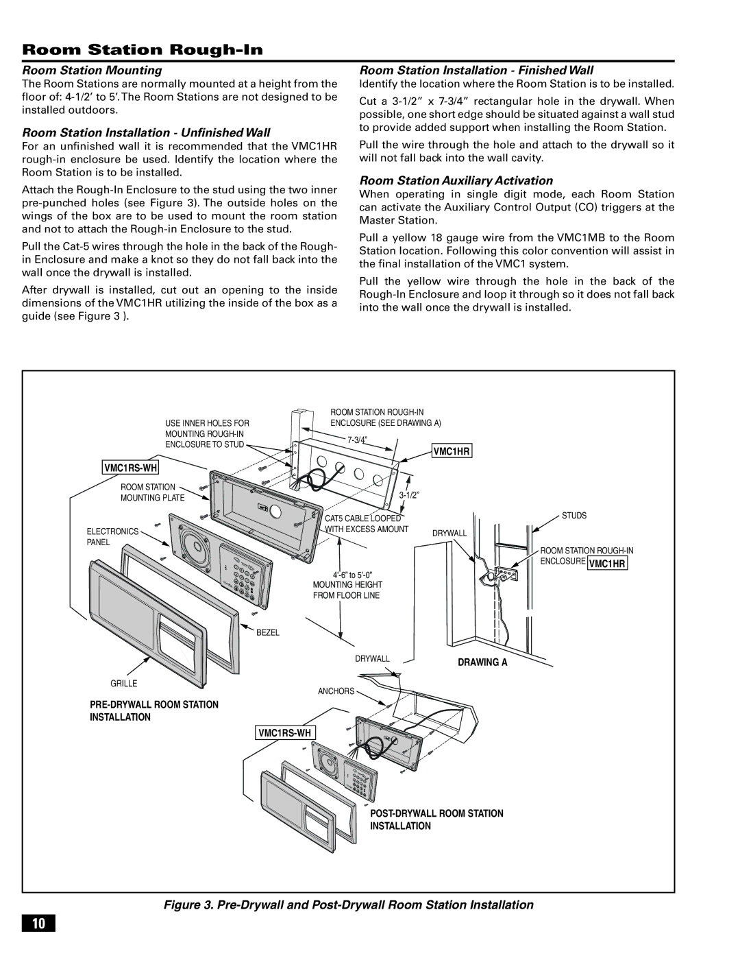 Linear VMC-1 manual Room Station Rough-In, Room Station Mounting, Room Station Installation Unﬁnished Wall 