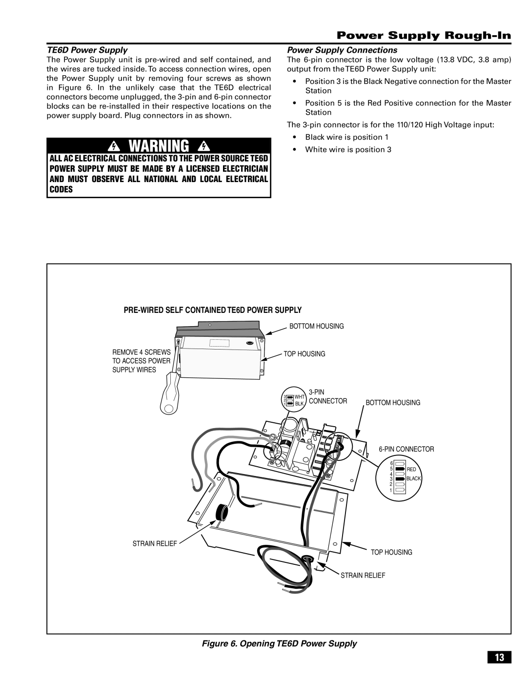 Linear VMC-1 manual Power Supply Rough-In, TE6D Power Supply, Power Supply Connections 