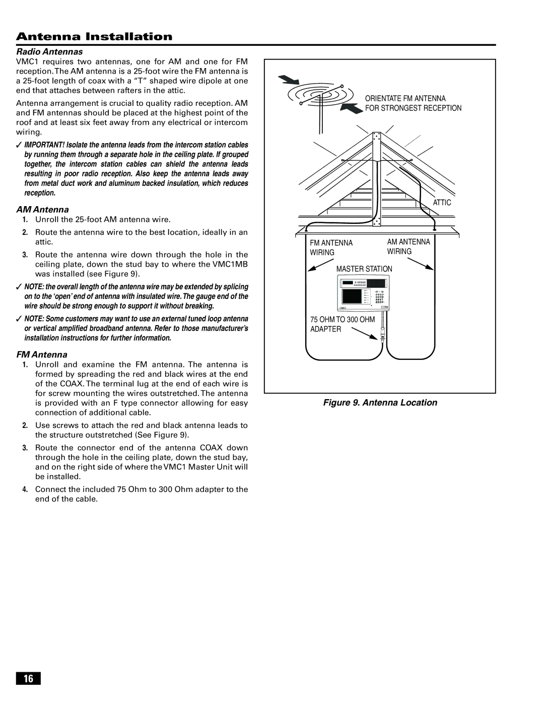 Linear VMC-1 manual Antenna Installation, Radio Antennas, AM Antenna, FM Antenna 