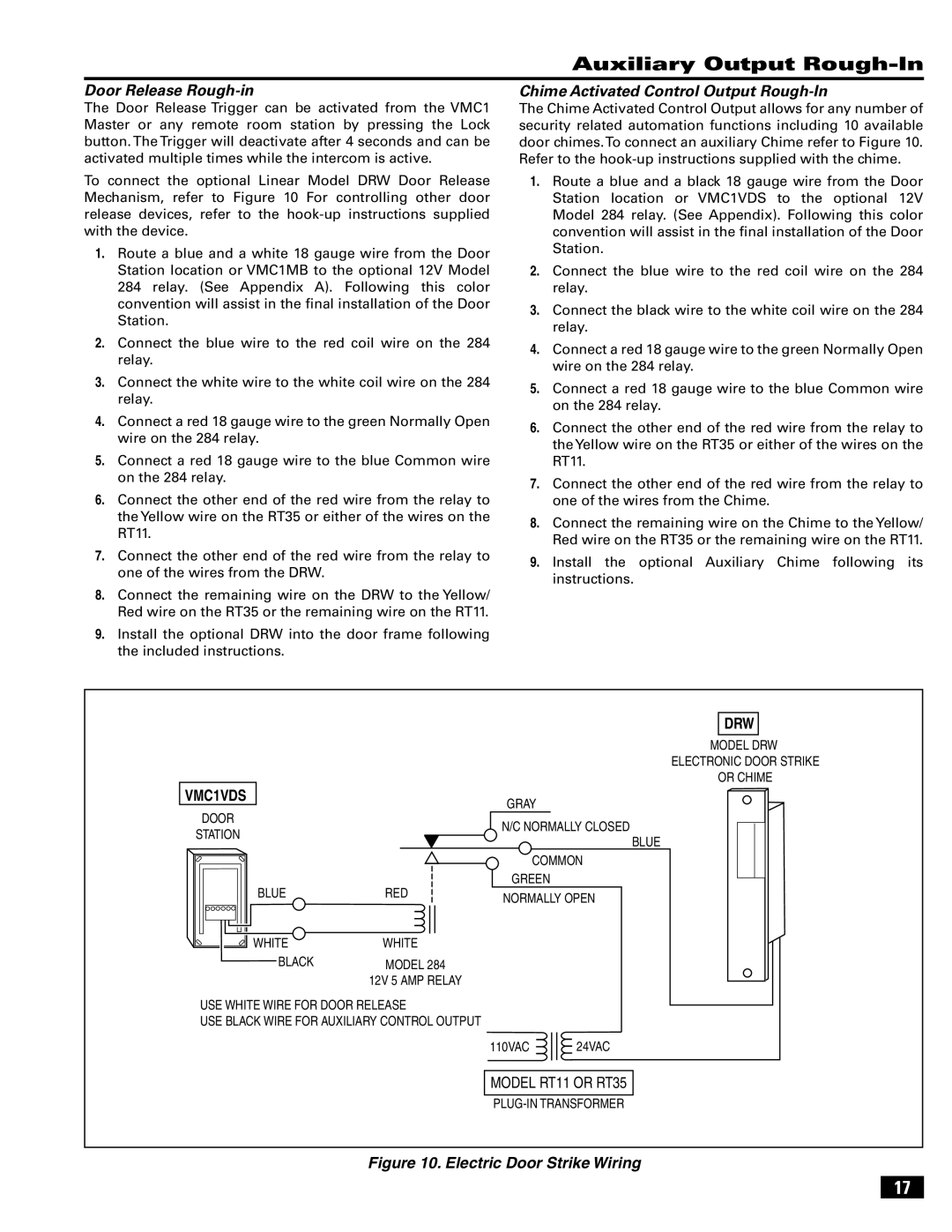 Linear VMC-1 manual Auxiliary Output Rough-In, Door Release Rough-in, Chime Activated Control Output Rough-In, VMC1VDS DRW 