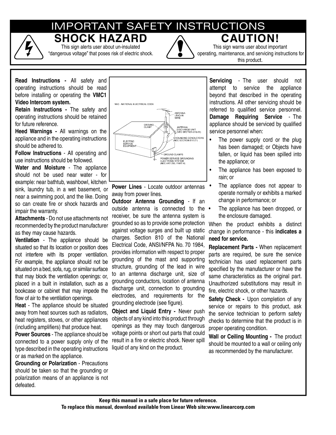 Linear VMC-1 manual Shock Hazard 