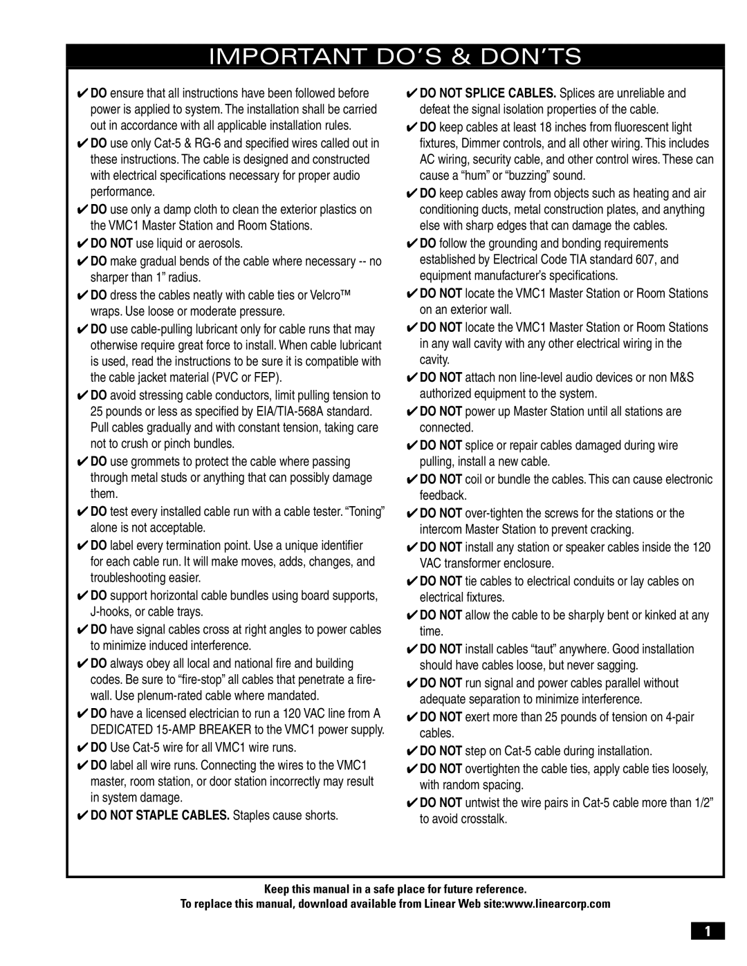 Linear VMC-1 manual Important DO’S & DON’TS 