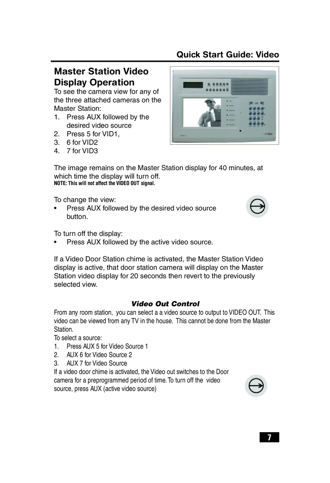 Linear VMC1 quick start Master Station Video Display Operation, Quick Start Guide Video, Video Out Control 