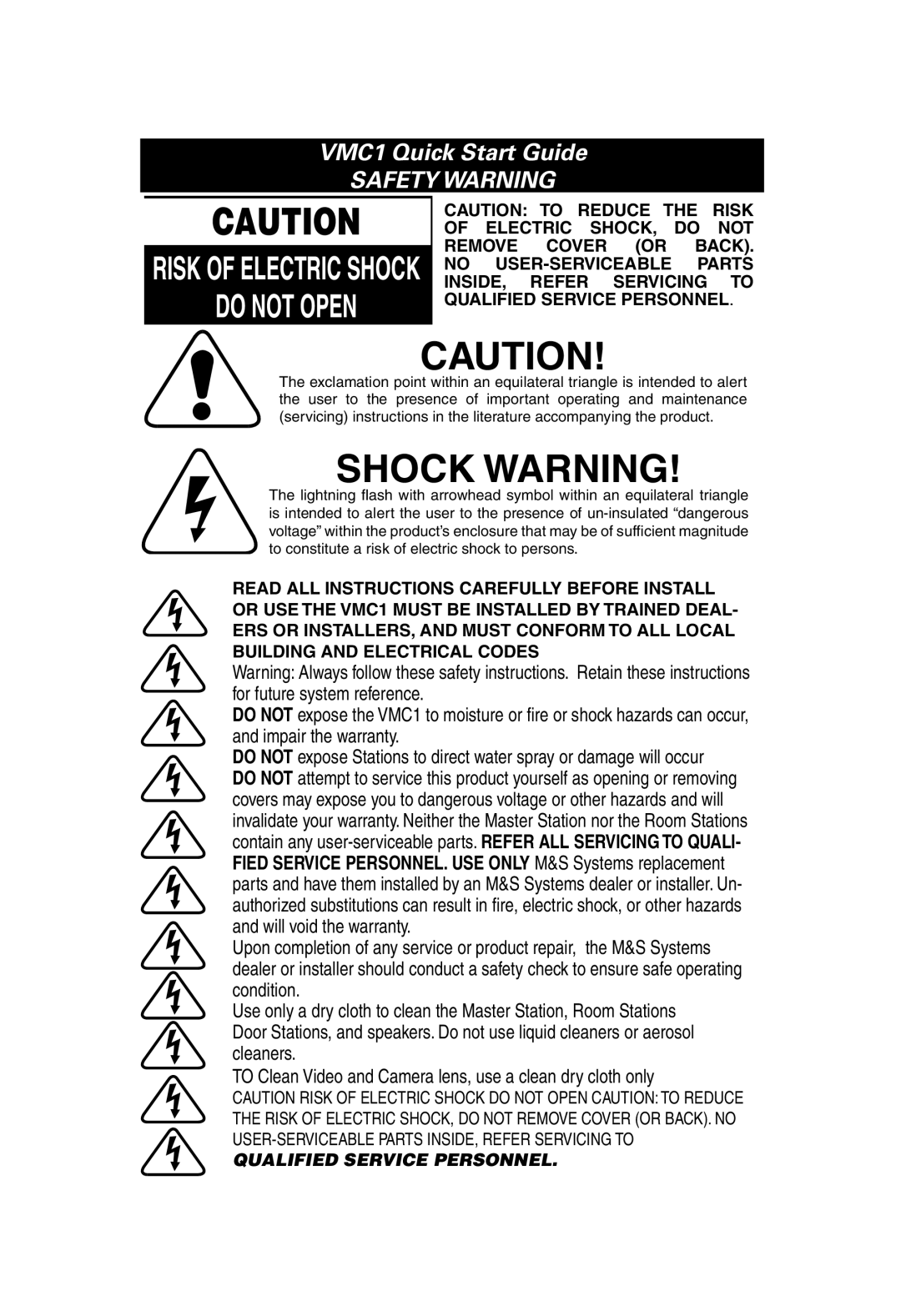 Linear quick start Shock Warning, Do Not Open, VMC1 Quick Start Guide SAFETY WARNING, Risk Of Electric Shock 