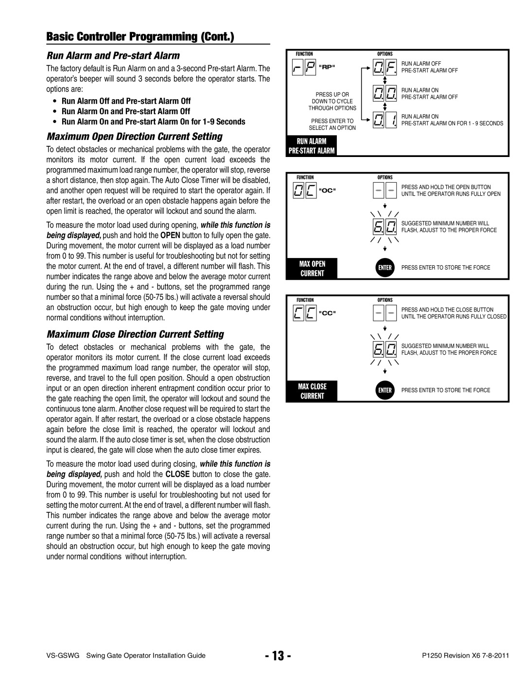 Linear VS-GSWG manual Run Alarm and Pre-start Alarm, Maximum Open Direction Current Setting 