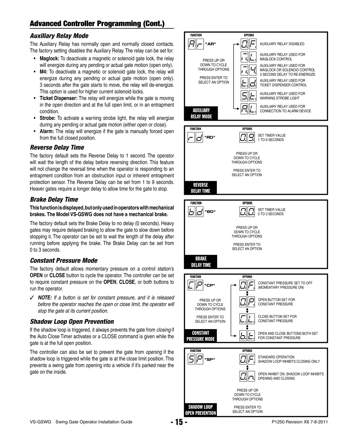 Linear VS-GSWG manual Auxiliary Relay Mode, Reverse Delay Time, Brake Delay Time, Constant Pressure Mode 