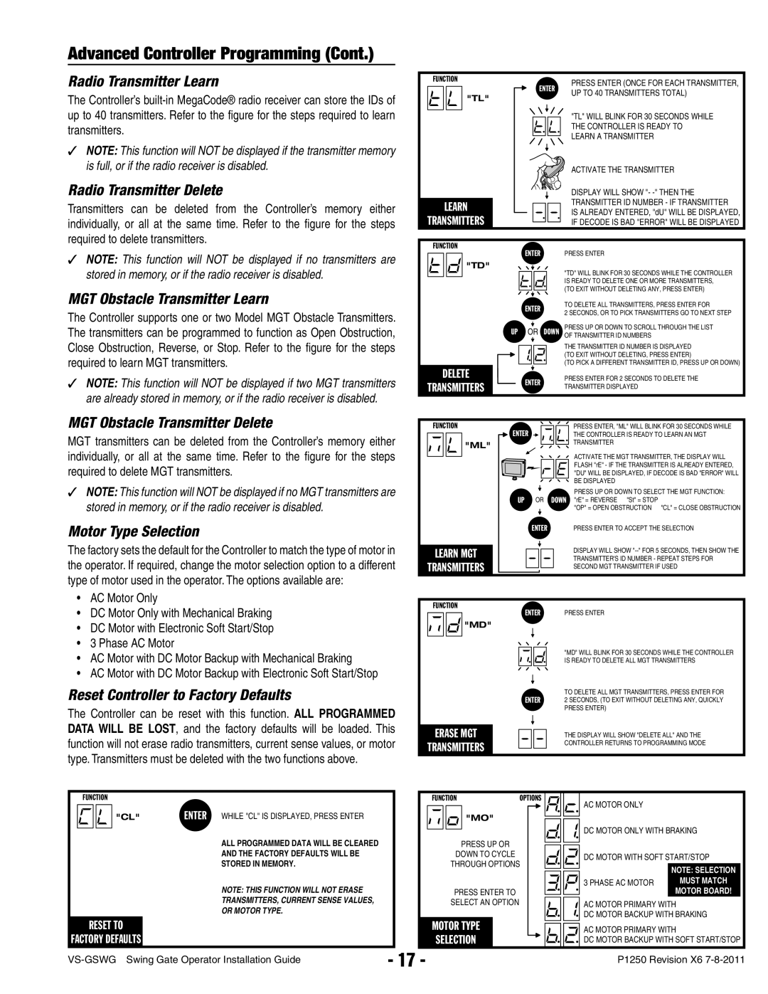 Linear VS-GSWG Radio Transmitter Learn, Radio Transmitter Delete, MGT Obstacle Transmitter Learn, Motor Type Selection 